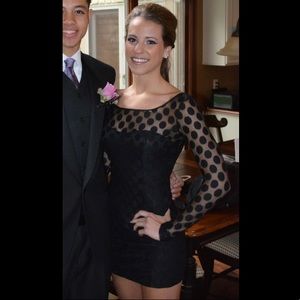 Black long sleeve dress, sheer sleeves, polka dots